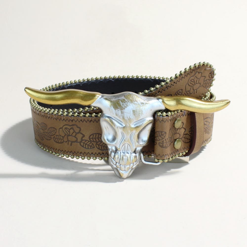 Herren-Gürtel im Western-Stil mit goldener Longhorn-Bullenkopfschnalle und Nieten - Kopf eines goldenen Langhornbullen - Brauner Druck - 34 - image 4