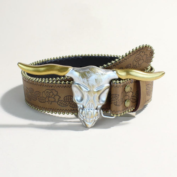 Herren-Gürtel im Western-Stil mit goldener Longhorn-Bullenkopfschnalle und Nieten - Kopf eines goldenen Langhornbullen - Brauner Druck - 34 - image 4