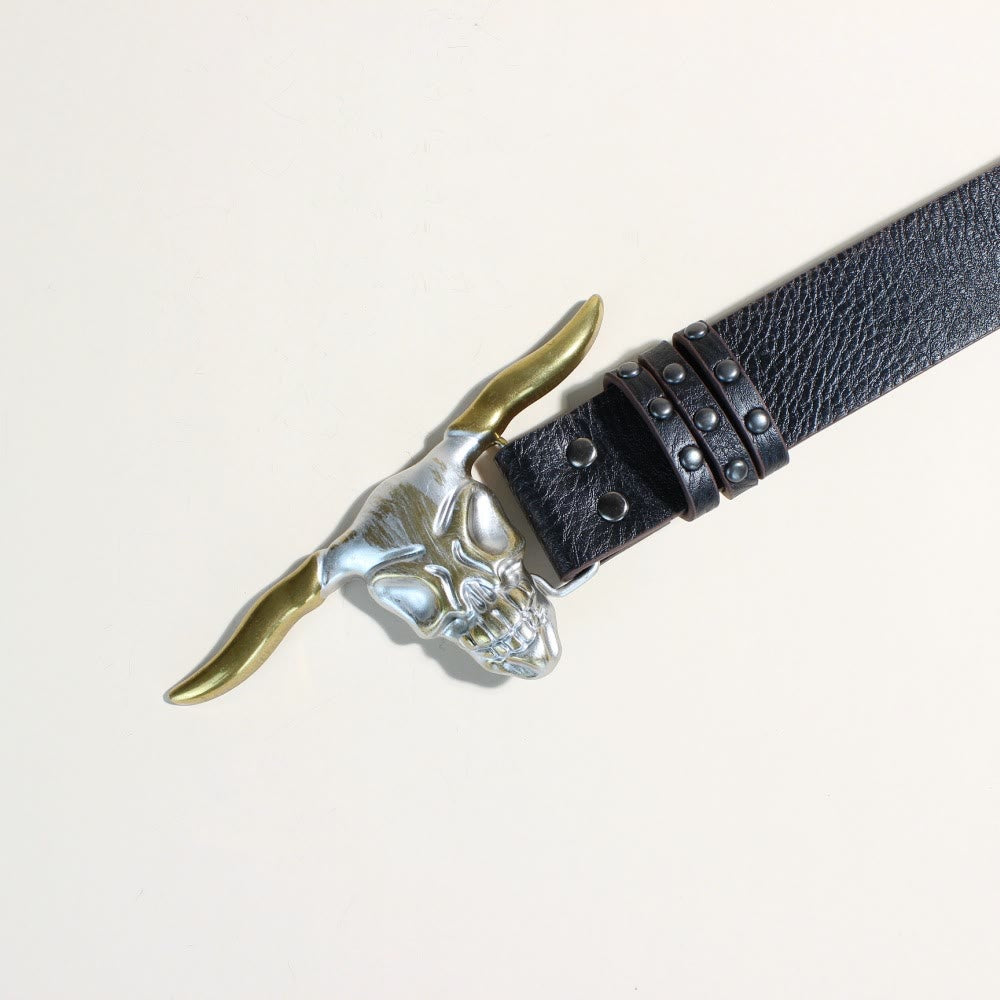 Herren-Gürtel im Western-Stil mit goldener Longhorn-Bullenkopfschnalle und Nieten - image 2