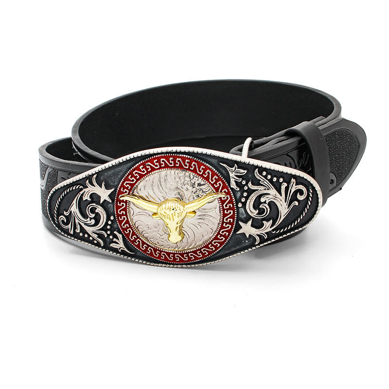 Herrengürtel mit goldenem Stierkopfmuster, schwarz, geschnitzt - image 1