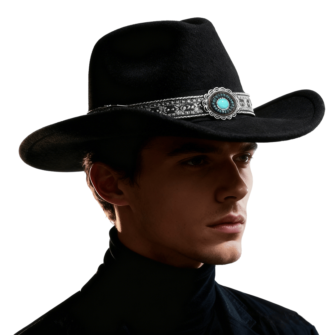 Herren-Cowboyhut im Westernstil mit türkisfarbenem Muster und Krempengürtel - image 1