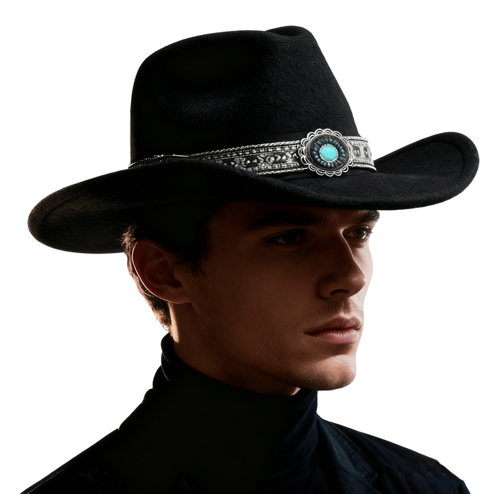Herren-Cowboyhut im Westernstil mit türkisfarbenem Muster und Krempengürtel - image 1