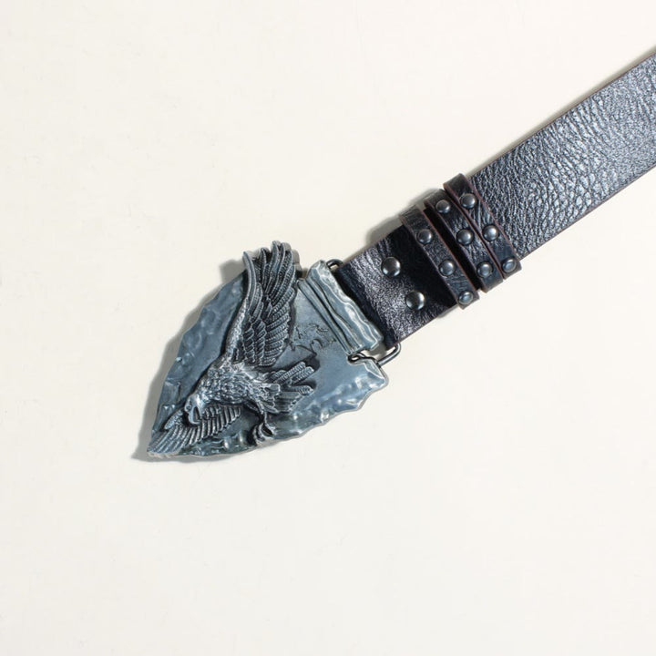 Retro-Gürtel mit dreieckiger Adlerschnalle und Metallniete, schwarz - image 3