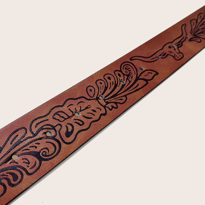 Herren-Westerngürtel mit Bullenschädelschnalle, schwarz gemustert - image 1