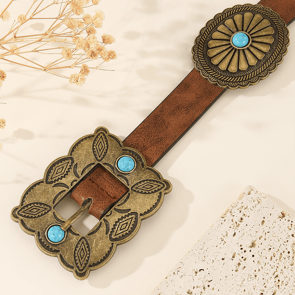 Damengürtel mit quadratischer bronzefarbener Schnalle und rundem türkisfarbenem Muster - image 1