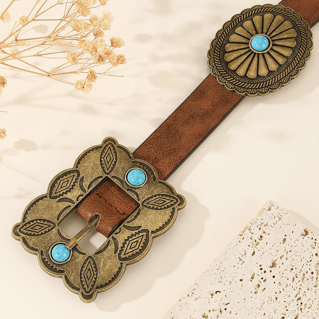 Damengürtel mit quadratischer bronzefarbener Schnalle und rundem türkisfarbenem Muster - image 1