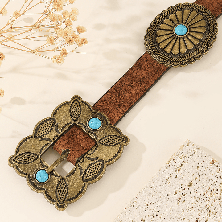 Damengürtel mit quadratischer bronzefarbener Schnalle und rundem türkisfarbenem Muster - image 1