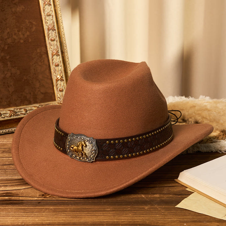 Herren-Cowboyhut mit goldener Pferdeschnalle, Krempennieten und Gürtel - Karamell - M (22"-22 7/8") - image 0