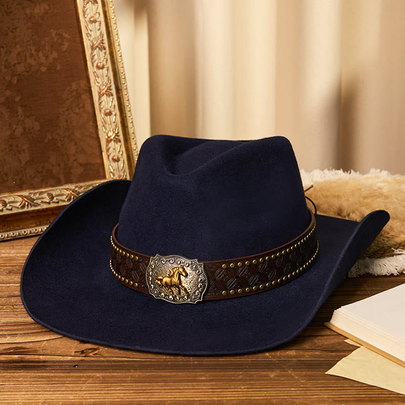 Herren-Cowboyhut mit goldener Pferdeschnalle, Krempennieten und Gürtel - Marineblau - M (22"-22 7/8") - image 3