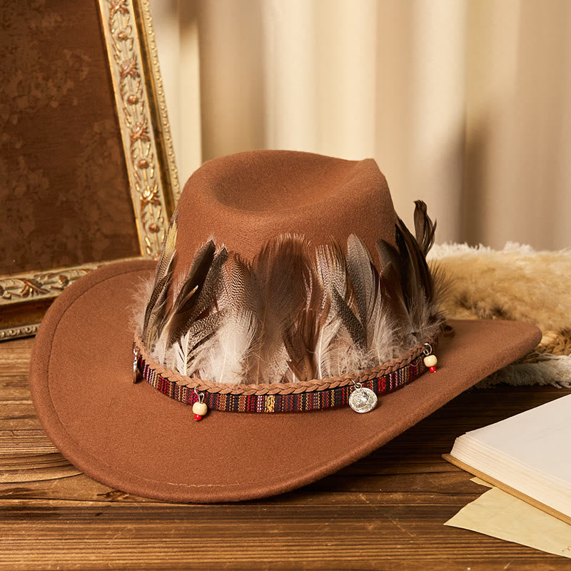 Herren-Cowboyhut mit gewebter Krempe und Federn - Karamell - M (22"-22 7/8") - image 0