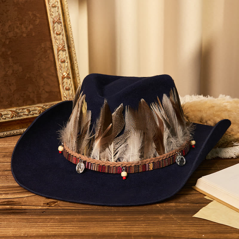 Herren-Cowboyhut mit gewebter Krempe und Federn - Marineblau - M (22"-22 7/8") - image 3