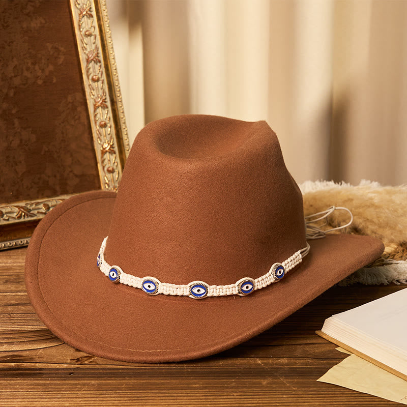 Herren-Cowboyhut mit weißem Strickgürtel und Evil-Eye-Motiv - Karamell - M (22"-22 7/8") - image 0
