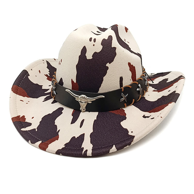 Herren-Cowboyhut mit silbernem, langhörnigem Stiergürtel und Kuhmuster - Stil Nr. 1 - M (22"-22 7/8") - image 0