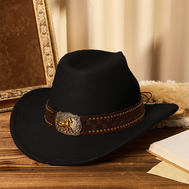 Herren-Cowboyhut mit goldener Pferdeschnalle, Krempennieten und Gürtel - Schwarz - M (22"-22 7/8") - image 6