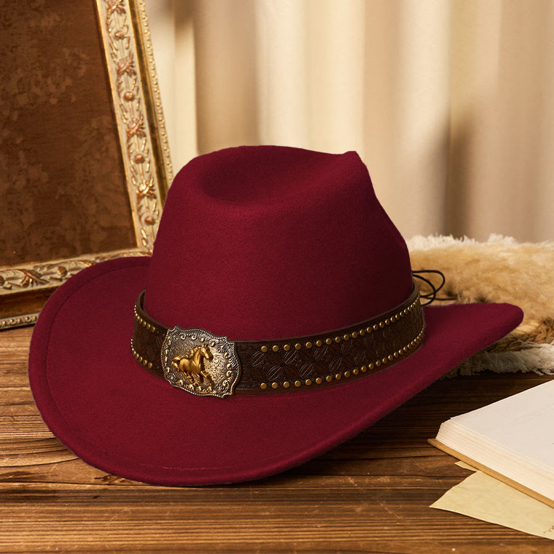 Herren-Cowboyhut mit goldener Pferdeschnalle, Krempennieten und Gürtel - Wein - M (22"-22 7/8") - image 8
