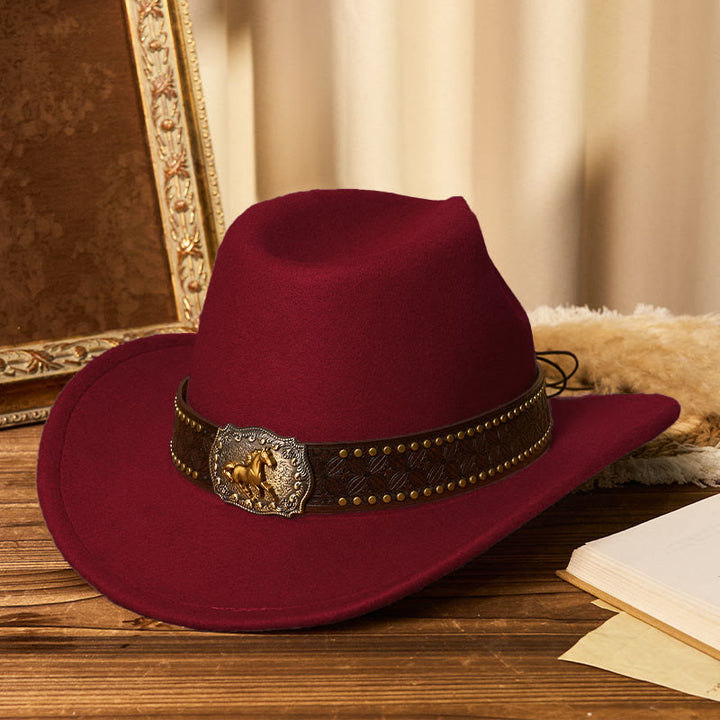 Herren-Cowboyhut mit goldener Pferdeschnalle, Krempennieten und Gürtel - Wein - M (22"-22 7/8") - image 8