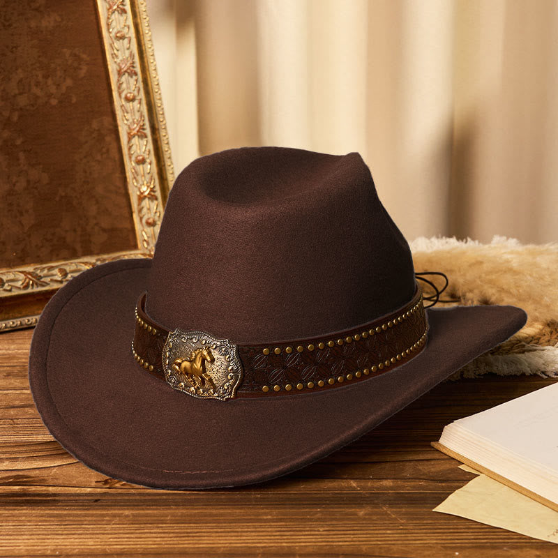 Herren-Cowboyhut mit goldener Pferdeschnalle, Krempennieten und Gürtel - Kaffee - M (22"-22 7/8") - image 7