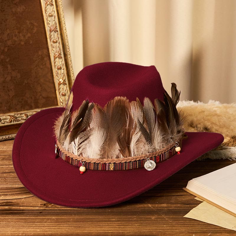 Herren-Cowboyhut mit gewebter Krempe und Federn - Wein - M (22"-22 7/8") - image 8