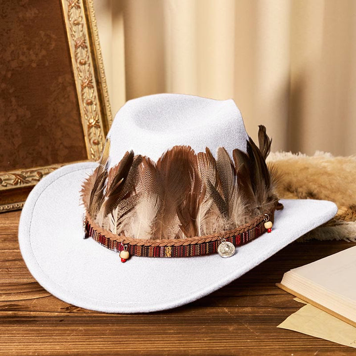 Herren-Cowboyhut mit gewebter Krempe und Federn - Weiß - M (22"-22 7/8") - image 9