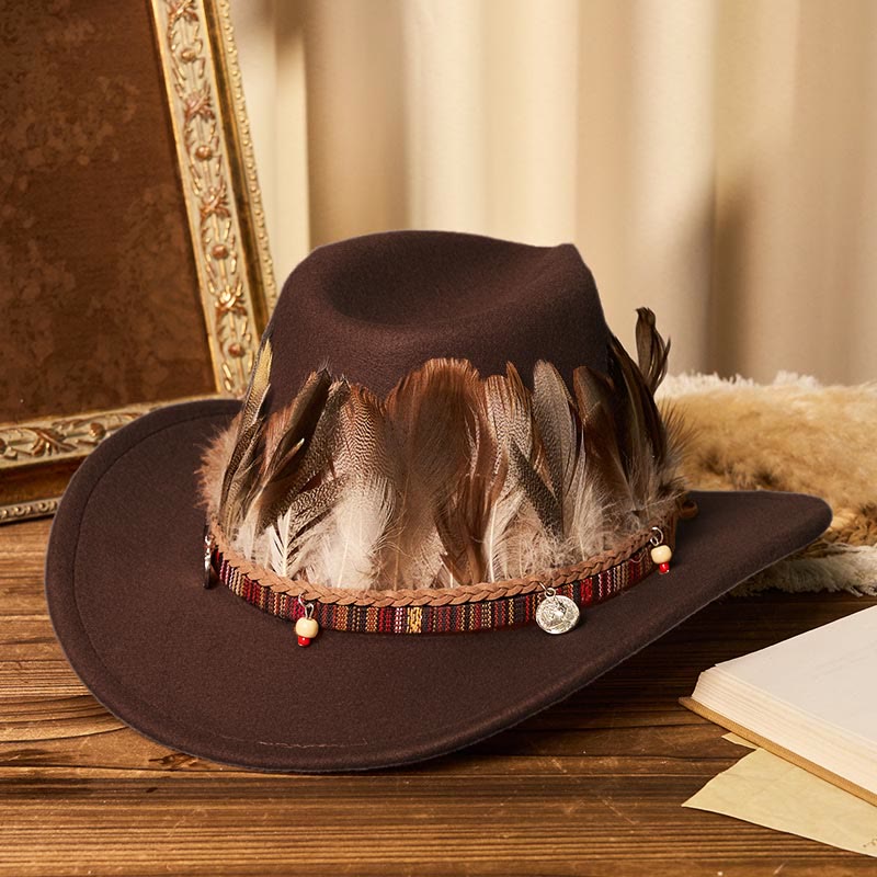 Herren-Cowboyhut mit gewebter Krempe und Federn - Kaffee - M (22"-22 7/8") - image 7
