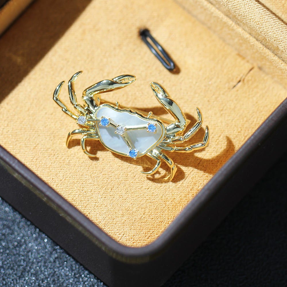 Brosche mit 12 Sternbildern aus Perlmutt und blauem Kristall in Gold - image 7