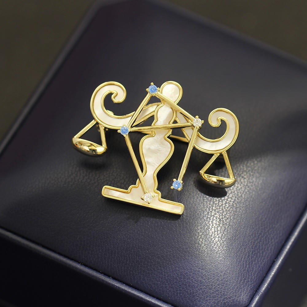 Brosche mit 12 Sternbildern aus Perlmutt und blauem Kristall in Gold - image 13