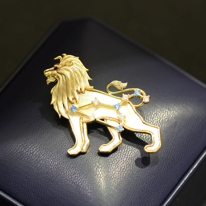 Brosche mit 12 Sternbildern aus Perlmutt und blauem Kristall in Gold - image 9