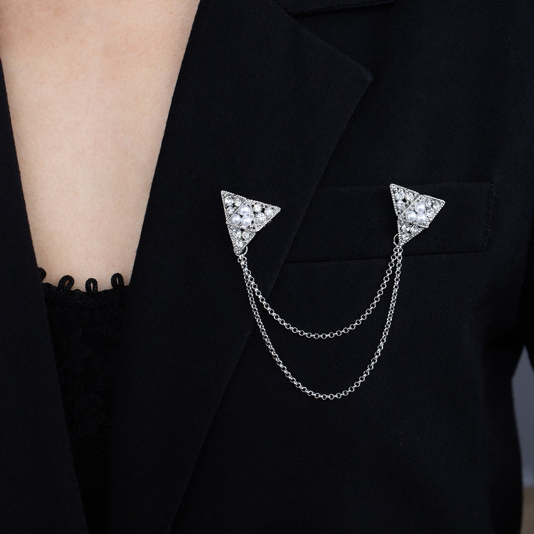 Dreieckige Perlen- und Kristallkettenbrosche - Silber - image 4