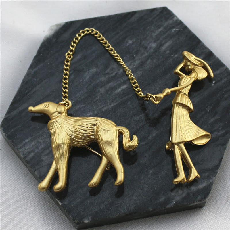 Goldbrosche „Dame und Hund“ - Golden - image 1