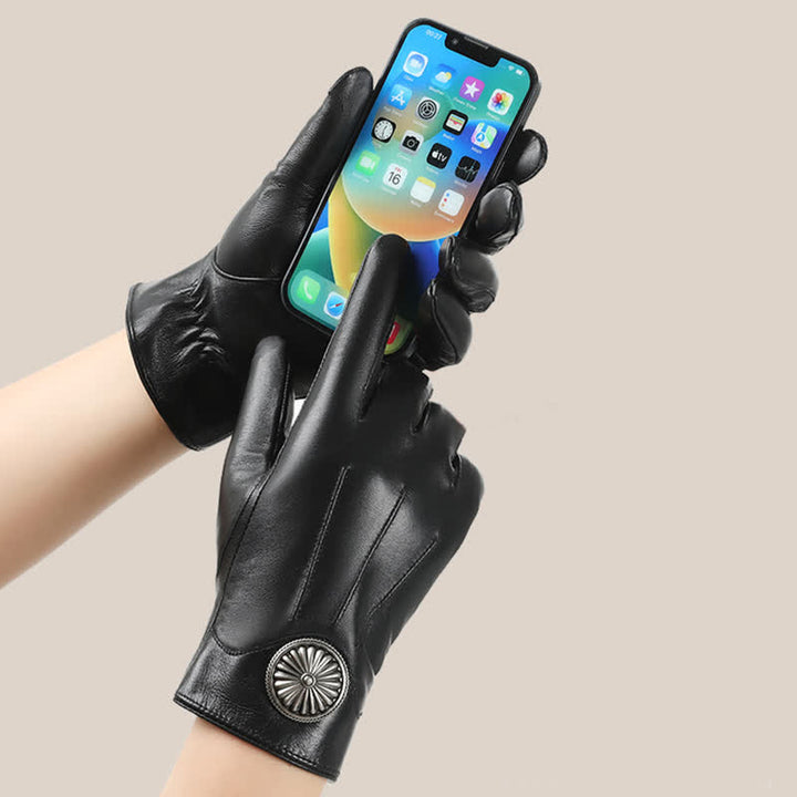 Schwarze Herrenhandschuhe aus echtem Leder mit Vintage-Metallemblem - image 2