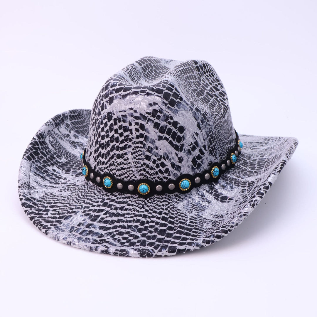 Herren-Cowboyhut mit türkisfarbenem schwarzem Gürtel und Krokodilmuster - Silber - M (22"-22 7/8") - image 7
