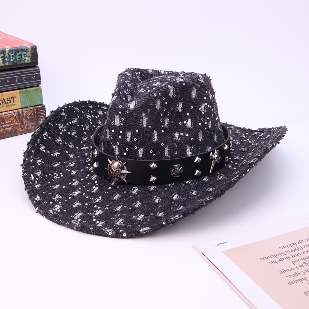Herren-Cowboyhut mit silbernem Totenkopf, schwarzem Gürtel und Rissen - Schwarz - M (22"-22 7/8") - image 6