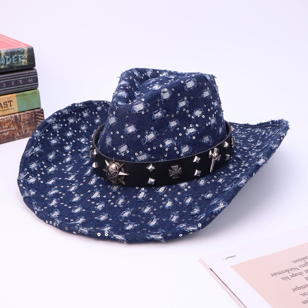 Herren-Cowboyhut mit silbernem Totenkopf, schwarzem Gürtel und Rissen - Marineblau - M (22"-22 7/8") - image 5