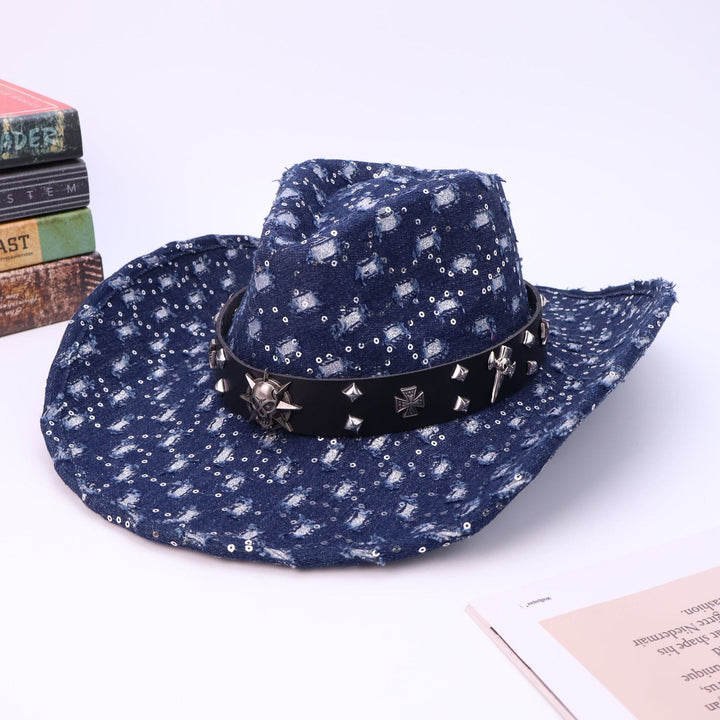Herren-Cowboyhut mit silbernem Totenkopf, schwarzem Gürtel und Rissen - Marineblau - M (22"-22 7/8") - image 5