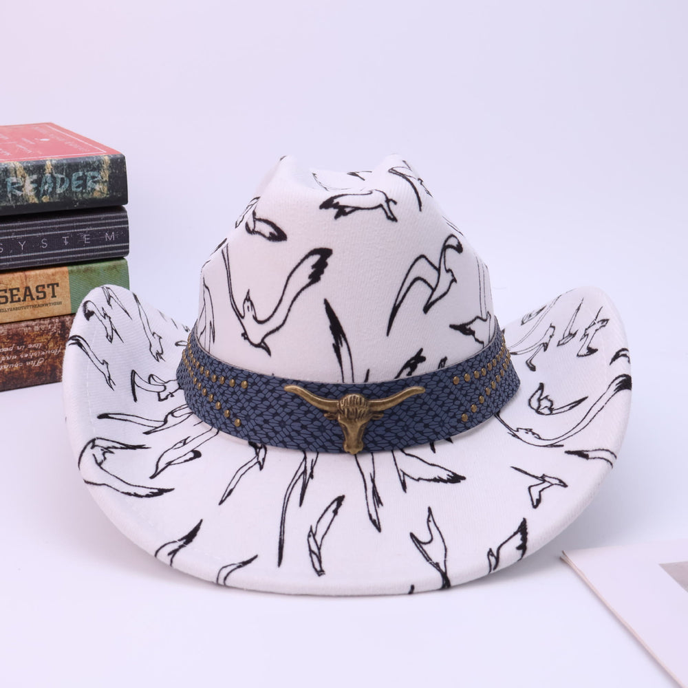 Herren-Cowboyhut mit Messinggürtel und Vogelmuster, Stierkopf-Motiv - image 1
