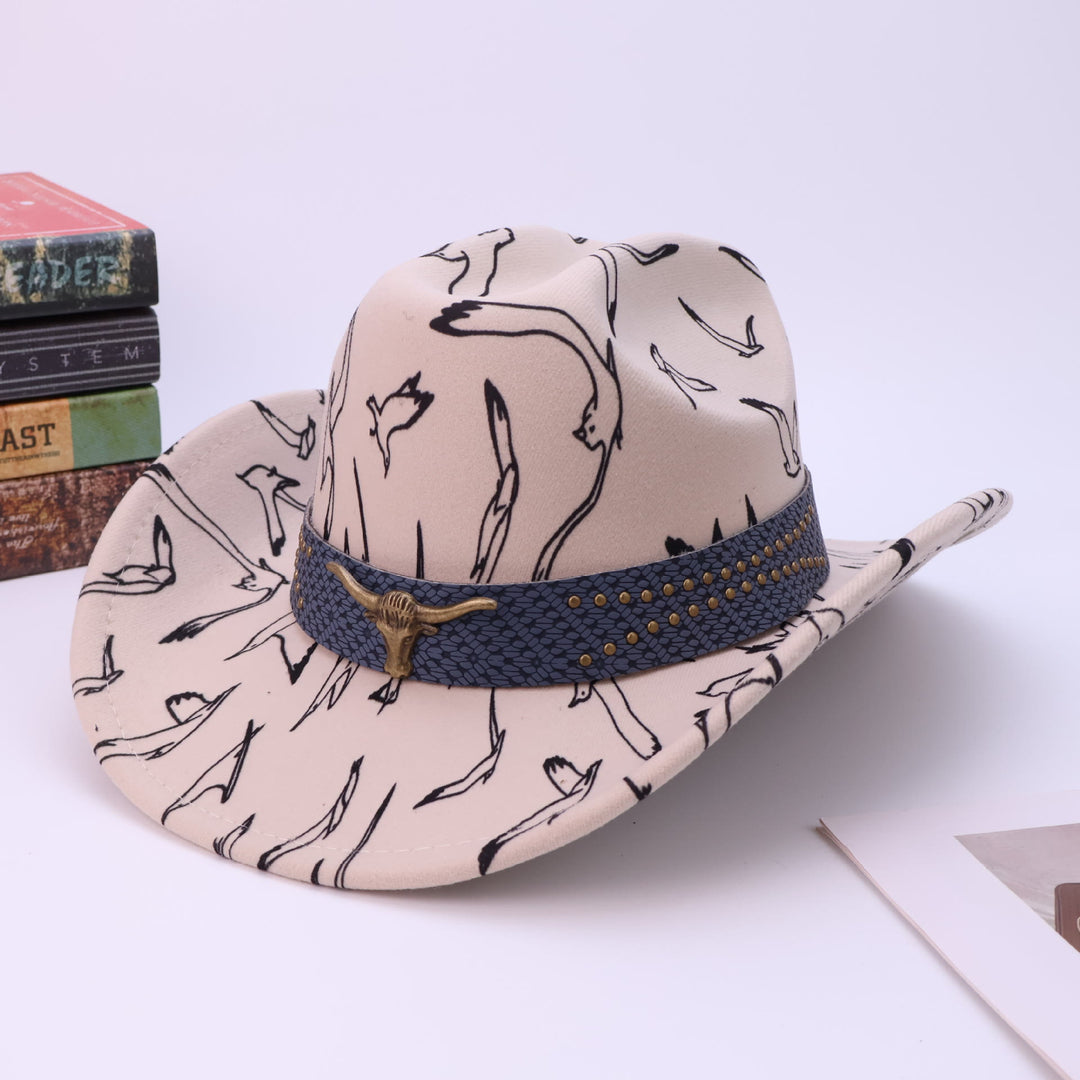 Herren-Cowboyhut mit Messinggürtel und Vogelmuster, Stierkopf-Motiv - Beige - M (22"-22 7/8") - image 2