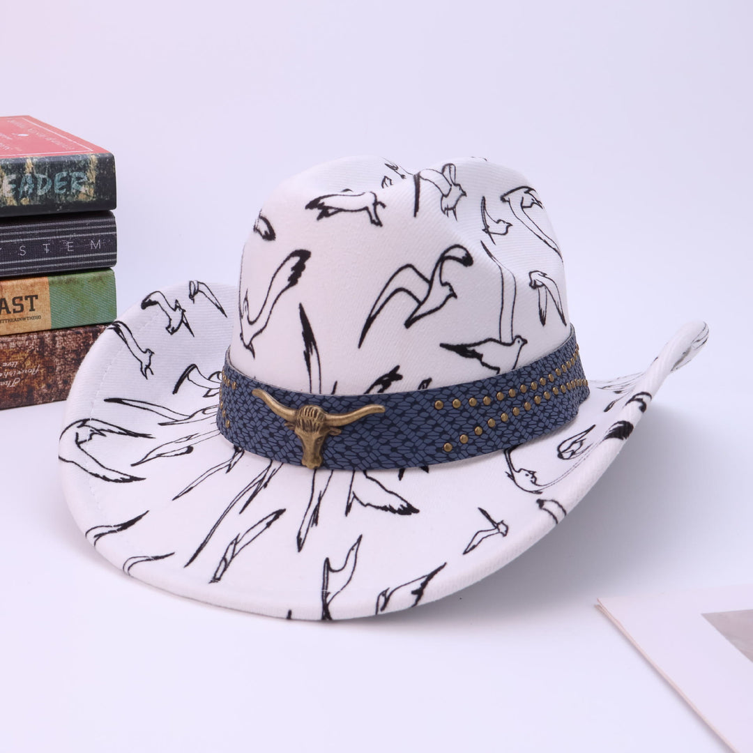 Herren-Cowboyhut mit Messinggürtel und Vogelmuster, Stierkopf-Motiv - Weiß - M (22"-22 7/8") - image 0