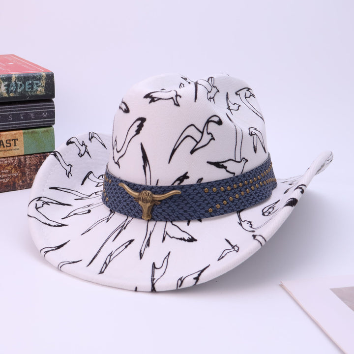 Herren-Cowboyhut mit Messinggürtel und Vogelmuster, Stierkopf-Motiv - Weiß - M (22"-22 7/8") - image 0