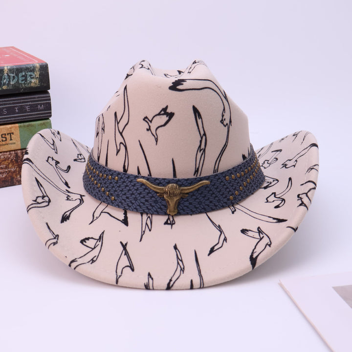 Herren-Cowboyhut mit Messinggürtel und Vogelmuster, Stierkopf-Motiv - image 3