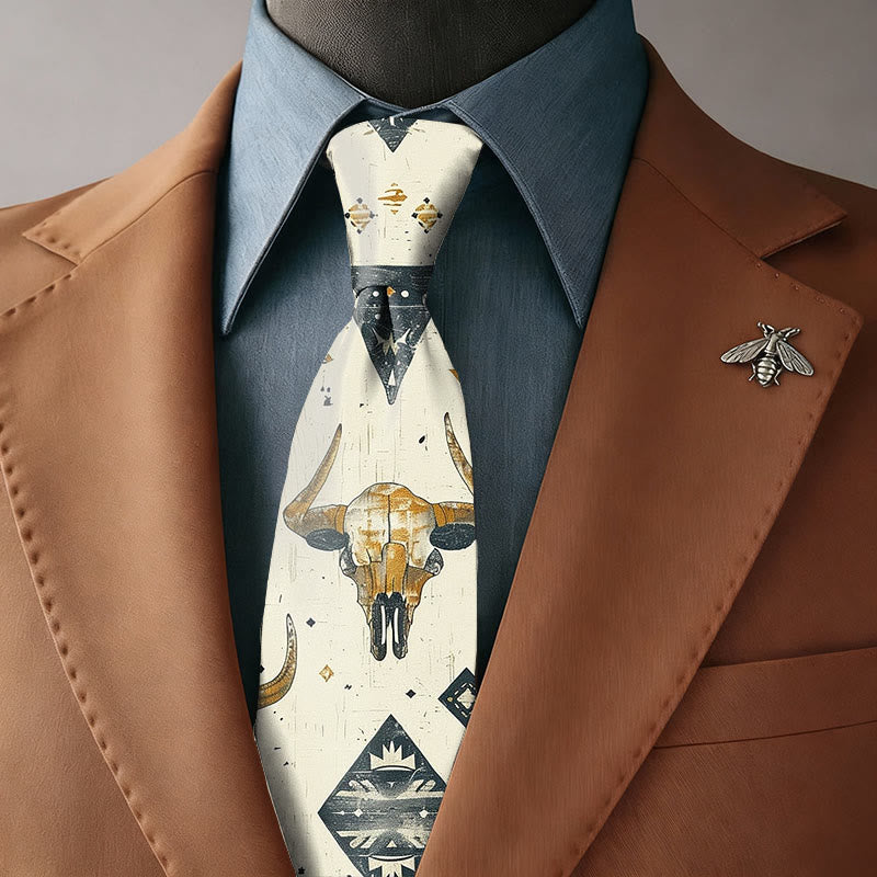 Retro-Krawatte im Western-Stil mit Stierschädel- und Kaktusmuster für Herren - Krawatte - image 0