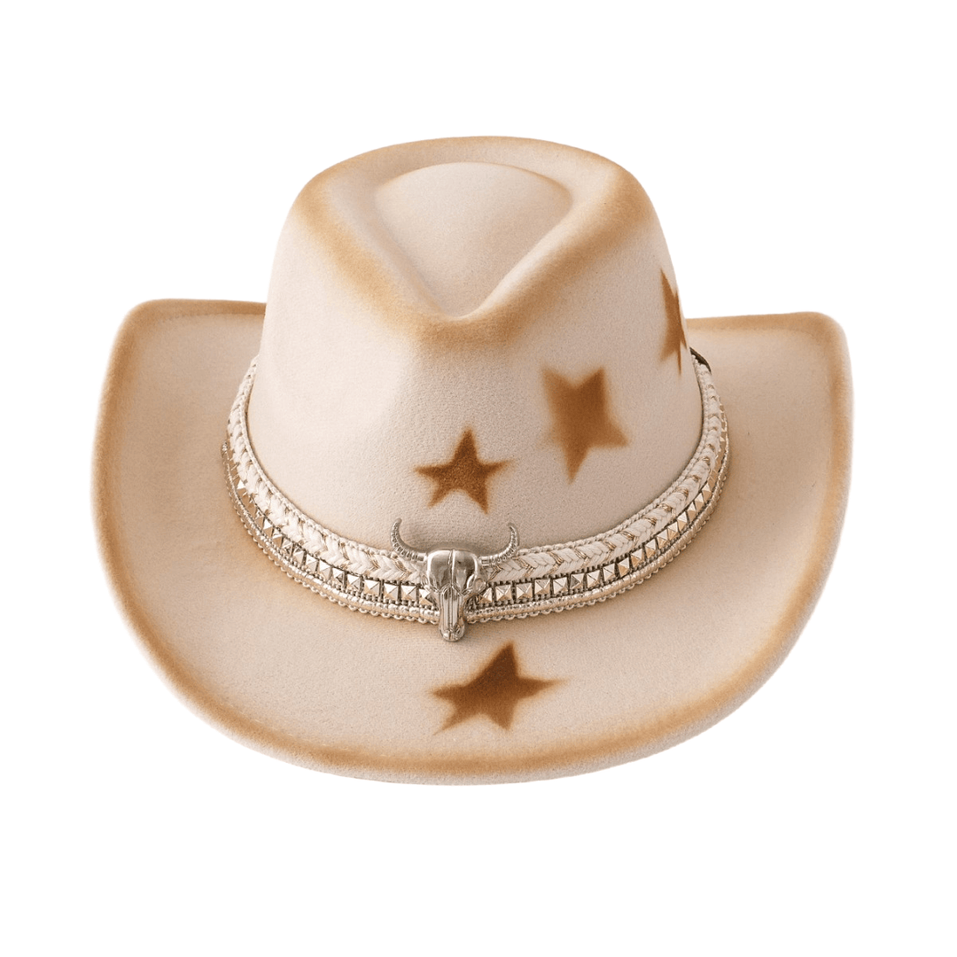 Herren-Cowboyhut mit silbernem Stierkopfgürtel und Sternen, beige - image 2