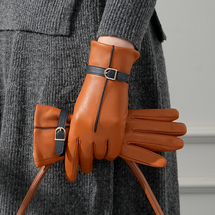 Damenhandschuhe aus echtem Schaffell in Kontrastfarbe - Braun - L - image 5