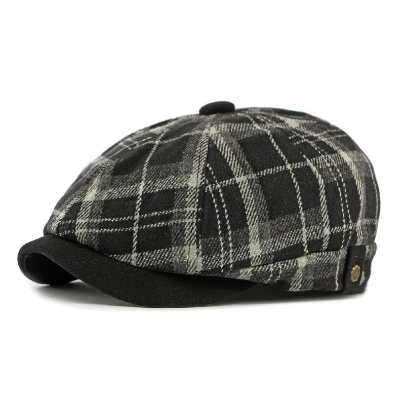 Winterliche Herren-Baskenmütze mit Vintage-Karomuster und kontrastierender Krempe - Schwarz - Verstellbar (21 5/8"-23 1/4") - image 1