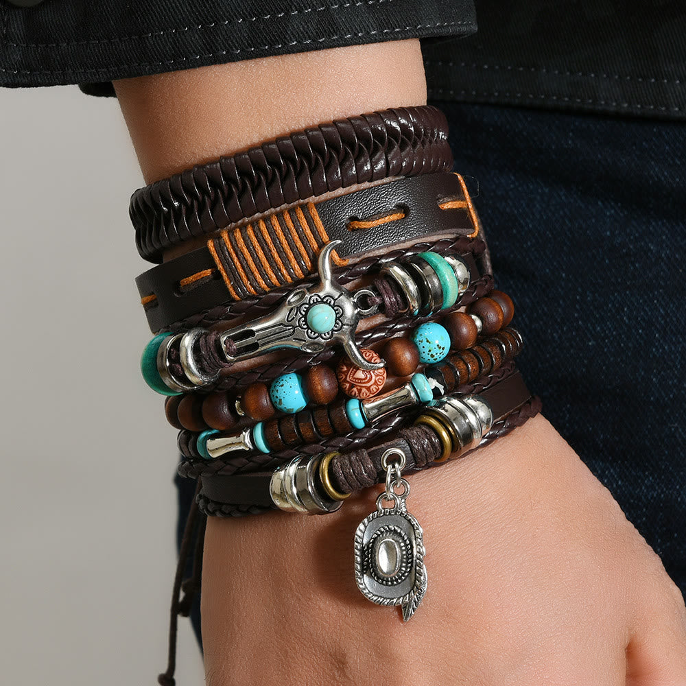 6-teiliges Western-Retro-Armband aus türkisfarbenem Leder und Perlen - image 5