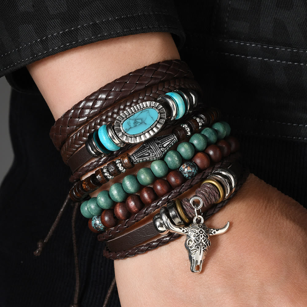 6-teiliges Western-Retro-Armband aus türkisfarbenem Leder und Perlen - image 9