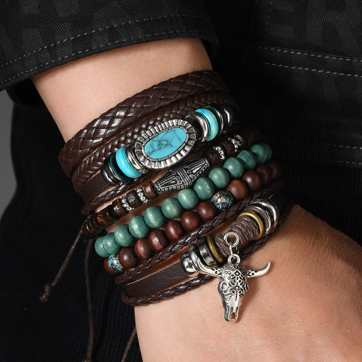 6-teiliges Western-Retro-Armband aus türkisfarbenem Leder und Perlen - image 9