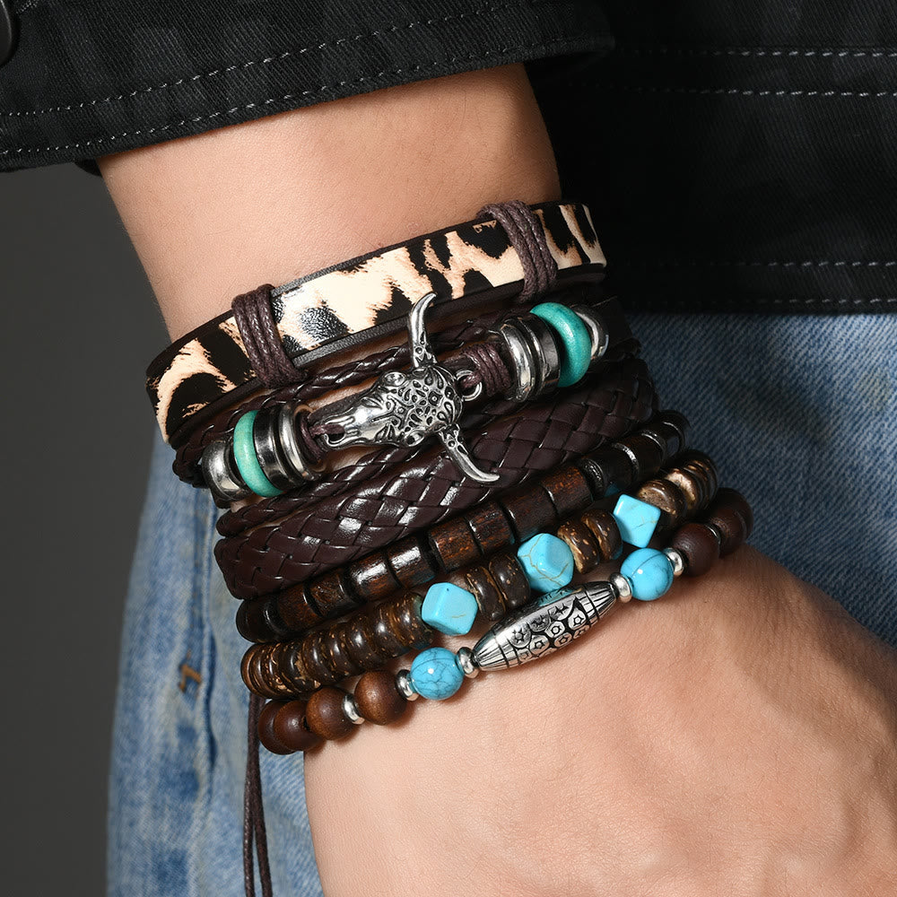 6-teiliges Western-Retro-Armband aus türkisfarbenem Leder und Perlen - image 7