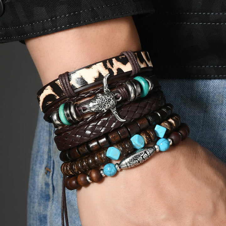 6-teiliges Western-Retro-Armband aus türkisfarbenem Leder und Perlen - image 7