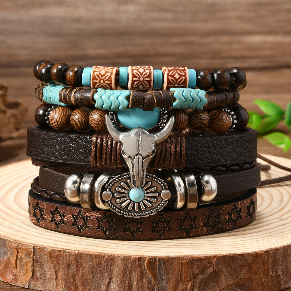 6-teiliges Western-Retro-Armband aus türkisfarbenem Leder und Perlen - Bullhead - image 0