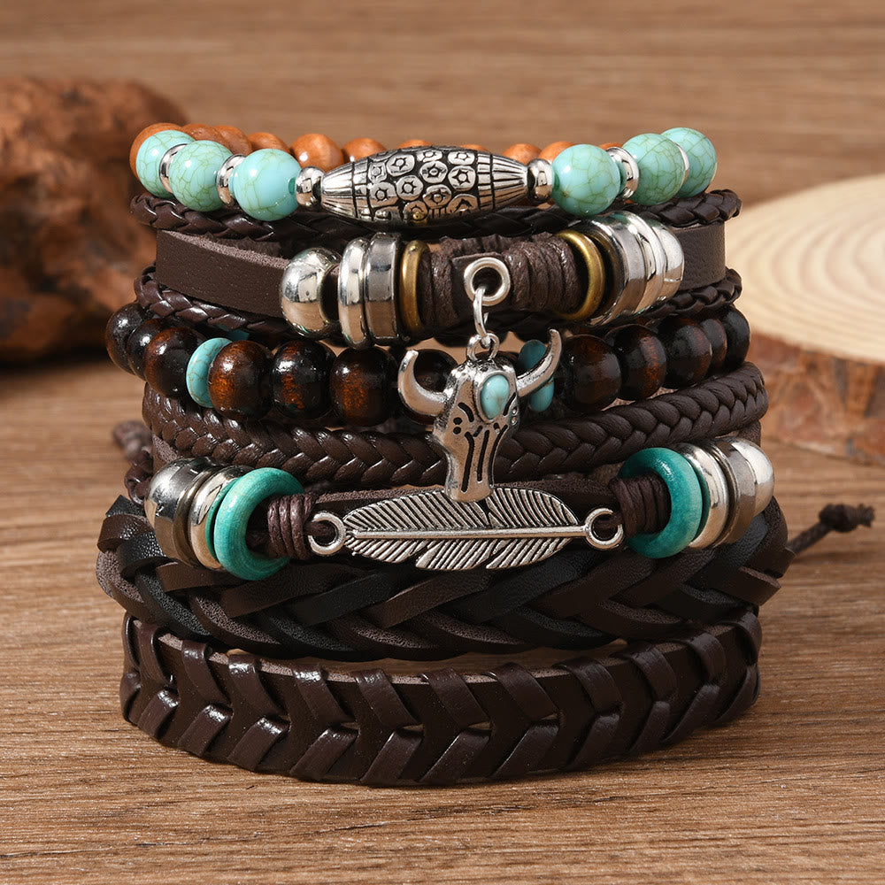 6-teiliges Western-Retro-Armband aus türkisfarbenem Leder und Perlen - Bullhead Feather - image 2